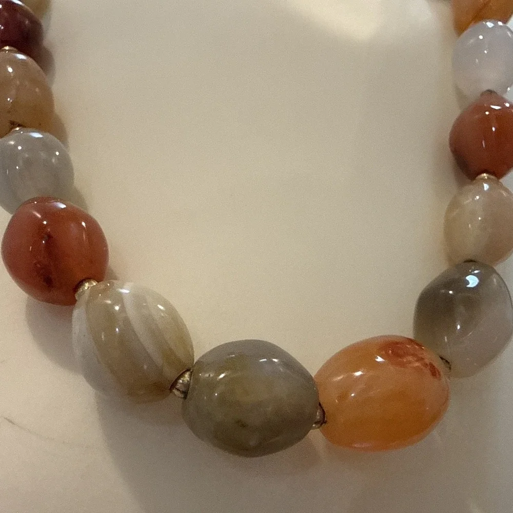 Vintage Chunky Carnelian Agate Stone Bead Necklace 14K Gold Filled Clasp Heavy